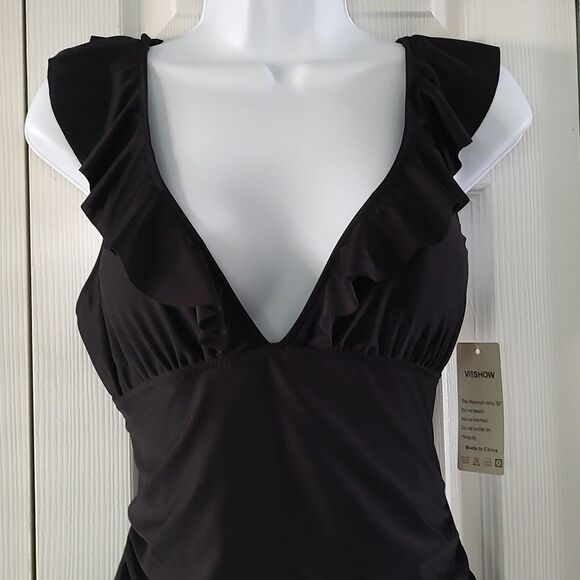Women's V Neck One Piece Swimsuit Ruffled Lace Up Monokini  Sz L - Picture 3 of 7